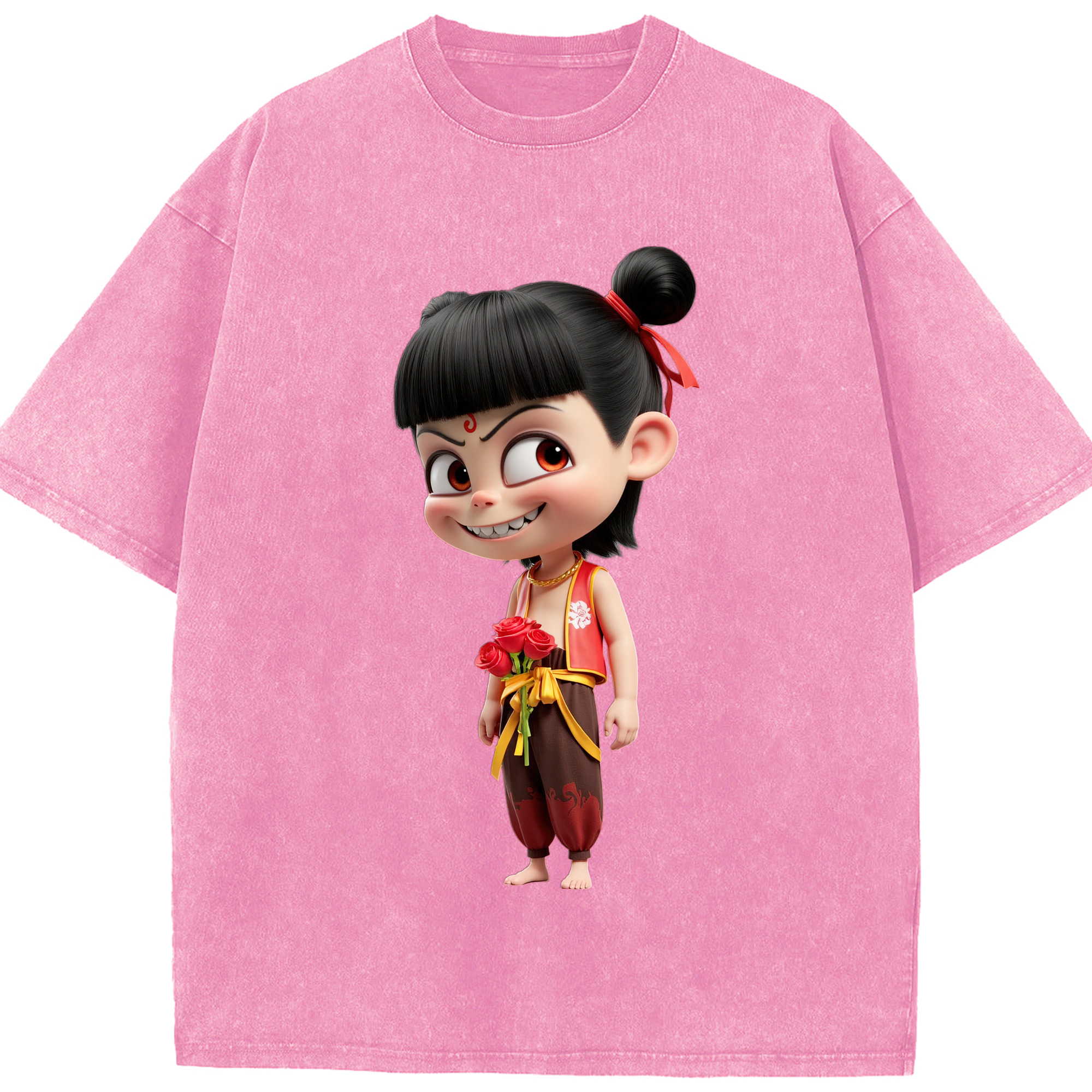 （画像用） Ne Zha 2 ナタ 魔童の大暴れ 綿100% ヴィンテージ風 半袖Tシャツ（フロントプリント）